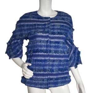 J McLaughlin XS Linden Blue Striped Tweed Fringe Bell Sleeve Jacket
